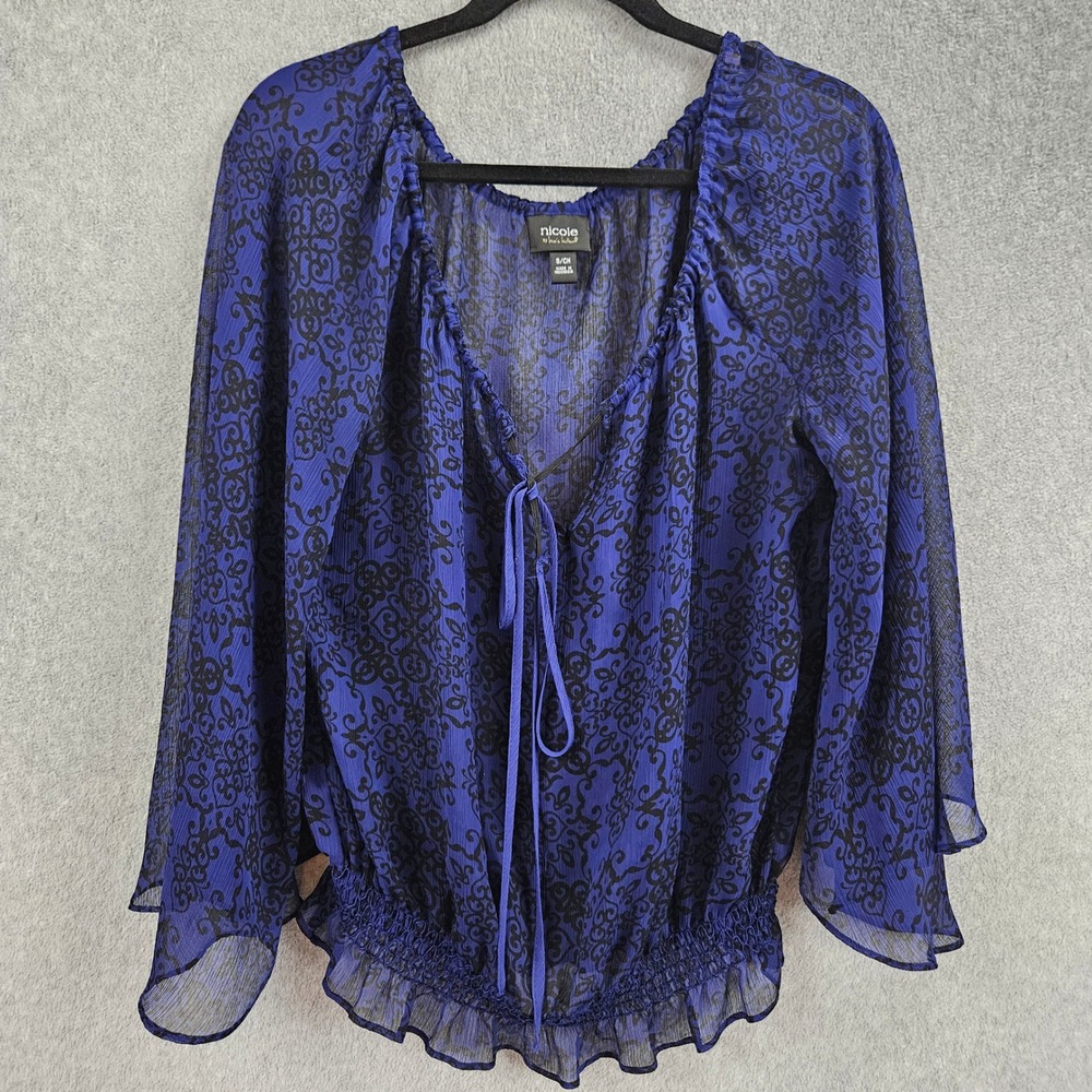 NICOLE BY NICOLE MILLER | Blue Black Damask Sheer Peasant Blouse Smocked Hem